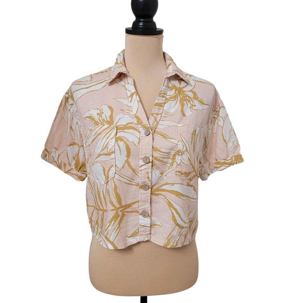 Rachel Zoe Size XS Cropped Linen Blend Floral Button Front Short Sleeve Top
